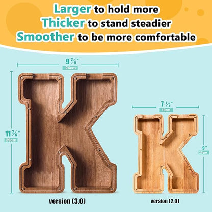 Summidate Customized Name Large Wooden Piggy Bank for Kids Boys Girls Alphabets Letter A-Z Coins Bills Money Change Bank Box Initial on Clear Cover (Laser Engraved) (Alphabet-K, Personalized-12)