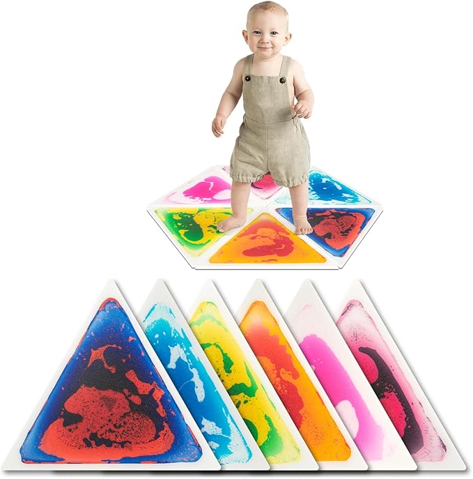 Art3d 6-Pack Triangle Liquid Sensory Floor Tiles, Colorful Liquid Fusion Play Mats for Kids Toddler, 15" x 15"