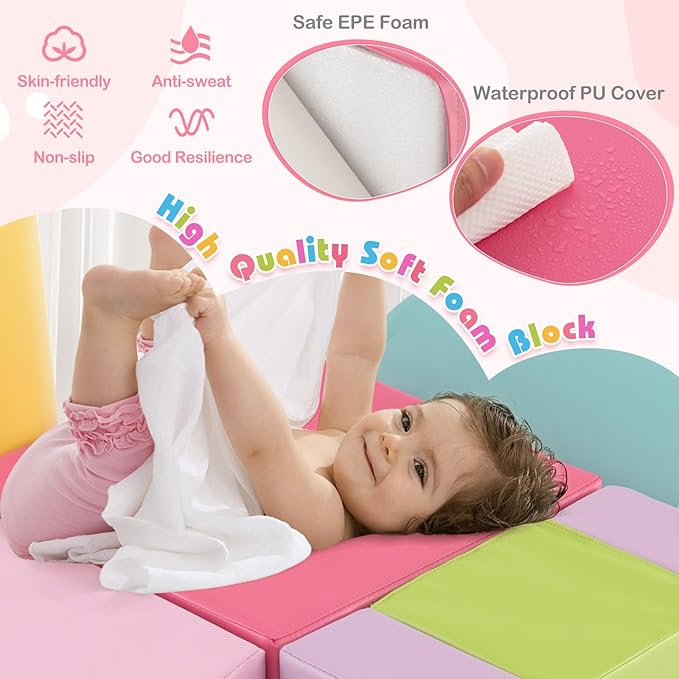 HONEY JOY 6-Piece Climb and Crawl Playset, Soft Climbing Foam Block Activity Play Structure Gym Equipment for Infant Baby, Color Coordination, Waterproof Indoor Climbing Toys for Toddlers (Red)