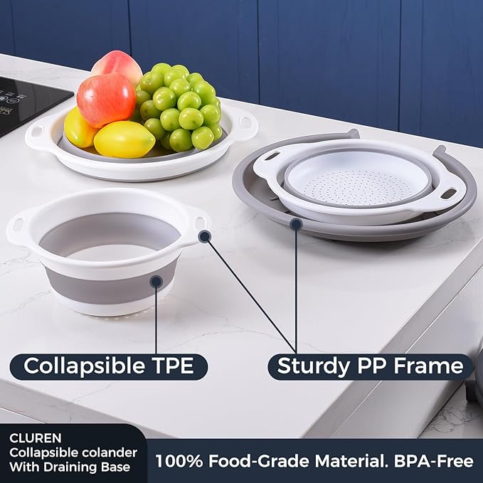 Collapsible Colander Set with Oversized Draining Tray | 3-Pack Foldable Kitchen