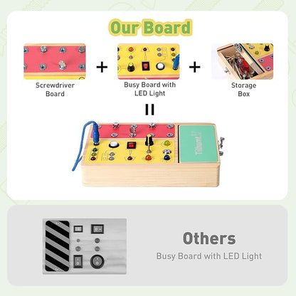 Tilhumt Busy Board with LED Light, 2-in-1 Montessori Screwdriver Board Set with 6 LED Light Switches, Toddler Montessori Switch Fidget Board with Lockable Toolbox, Travel Activity Toys for Outdoor
