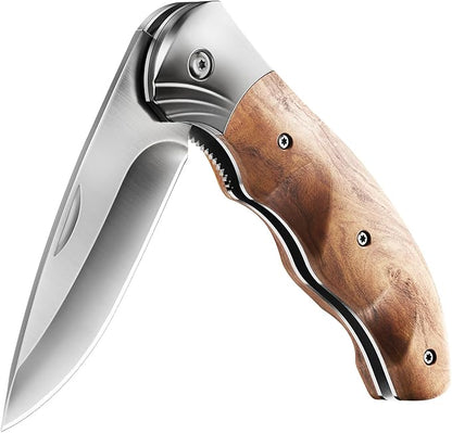 Grand Way Pocket Knife for Men with Wood Handle, Liner lock - Folding Sharp Blade 3.54" - Cool Knives for Camping EDC - Gifts for Dad Him - 6651