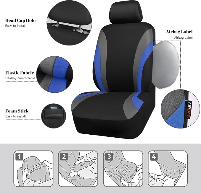 CAR PASS Line Rider Sporty Front Seat Covers, Blue Car Seat Covers Two Front Seats Only, Airbag Compatible,Universal Fit Sedans,Cars,Vans,SUV,Truck(Black and Blue)