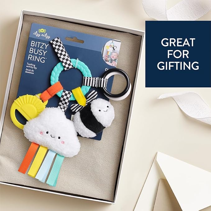 Itzy Ritzy Teething Activity Toy - Bitzy Busy Ring Infant Teething Toy Features Braided Ring & Dangling Toys, Includes Teether, Ribbons, Crinkle Sound & Jingle Bell - 0 Months & Up (High Contrast)