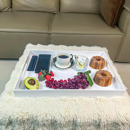 White Rectangular 14x20 Inches Acrylic Ottoman Tray Decorative Serving Tray with Cutout Handles Organizer Tray on Coffee Table Countertop Big Breakfast Bed Tray Living Room Appetizer Serving Food