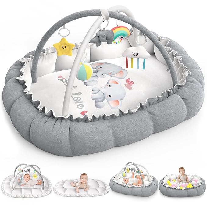 OCATO Baby Play Mat Gym: Baby Play Gym Tummy Time Mat Thick Large Baby Activity Center from Newborn to Toddler Skills Development Baby Essentials Baby Shower Gifts Boy Girl for Babies 0-6-12 Months