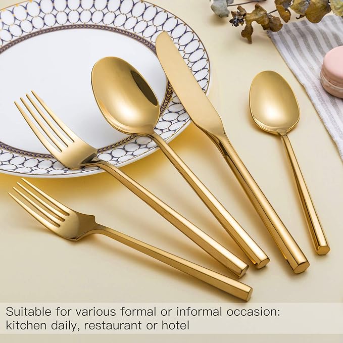Gold Silverware Set Flatware Set Stainless Steel Cutlery Set 60 Pieces Thick Heavy Hexagon Handle Service for 12
