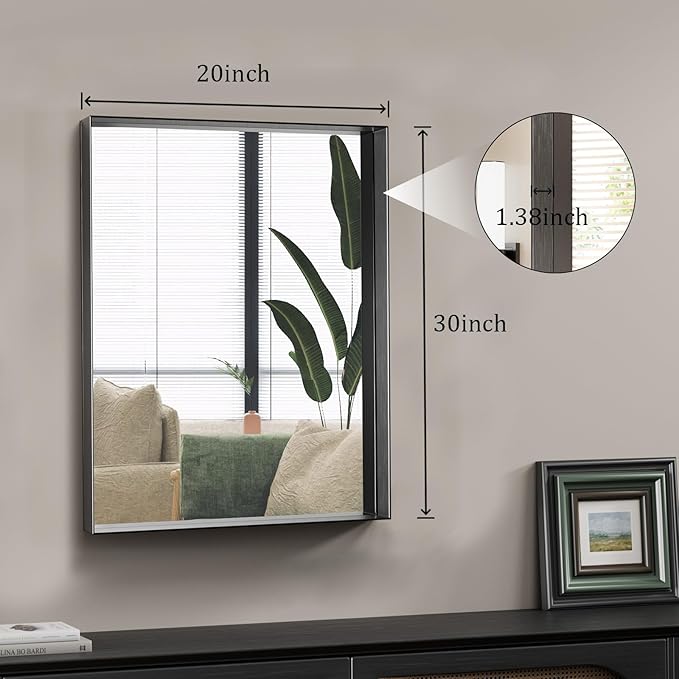 Koonmi 20x30 Inch Black Metal Framed Bathroom Mirror