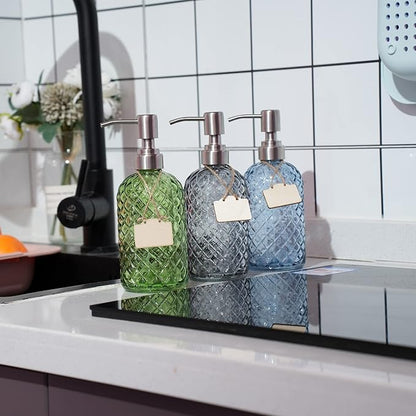 16 oz Diamond Pattern Glass Soap Dispenser, Kitchen and Bathroom Refillable