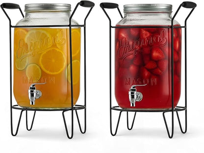 2 PACK-2 GALLON Drink Dispensers for Parties, Drink Dispensers for Parties, Original Mason Beverage Dispensers with Stand, Glass Water Jug Dispenser, 100% Leakproof Spigot Perfect For And Daily Use