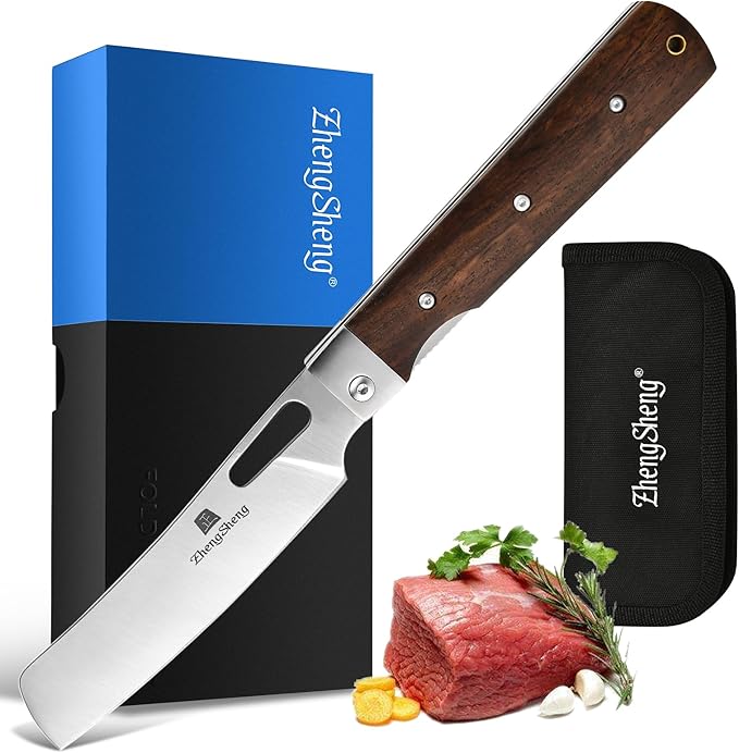 Folding Chef Knife with Nylon Pouch 4.8" Sharp 440A Stainless Steel Blade Wooden Handle Pocket Foldable Japanese Style Kitchen Knife for Outdoor Camping Cooking