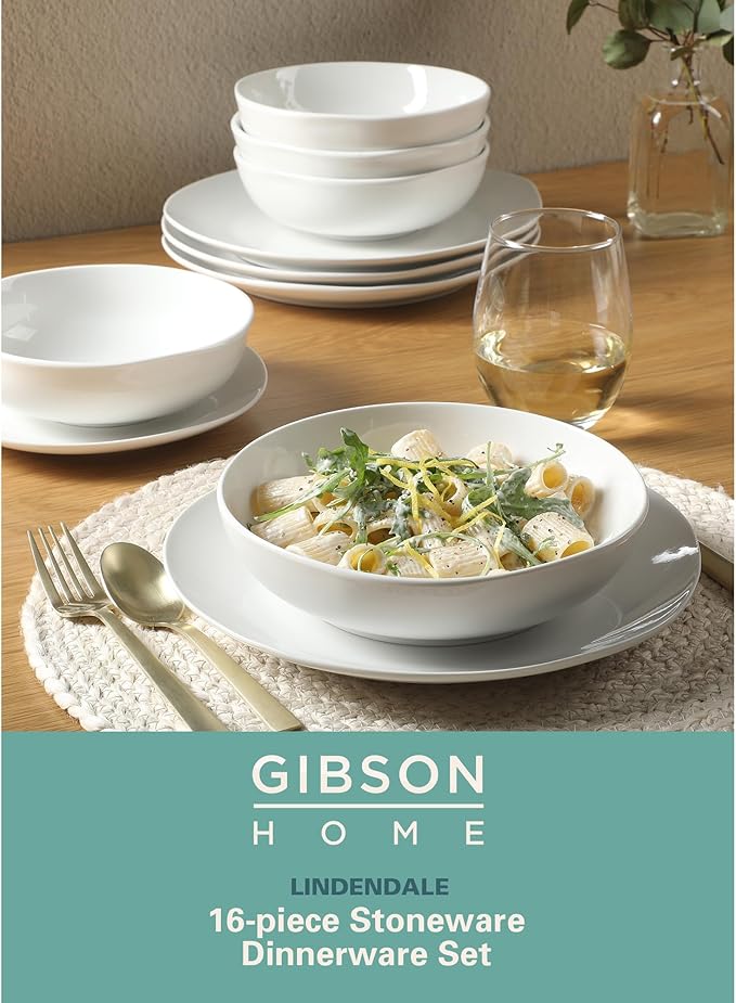 Gibson Home Lindendale 16 Piece Porcelain Ceramic Plates and Bowls Dishes Scratch and Chip Resistant Service for 4 Dinnerware Set - White