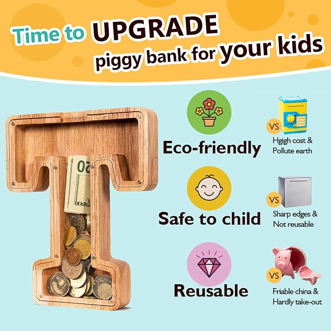 SummiDate Wooden Letter Piggy Bank Piggy Bank for Boys and girls Alphabet Money Bank Thanks Giving Gifts(Initial-T)