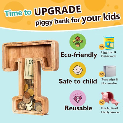 SummiDate Wooden Letter Piggy Bank Piggy Bank for Boys and girls Alphabet Money Bank Thanks Giving Gifts(Initial-T)