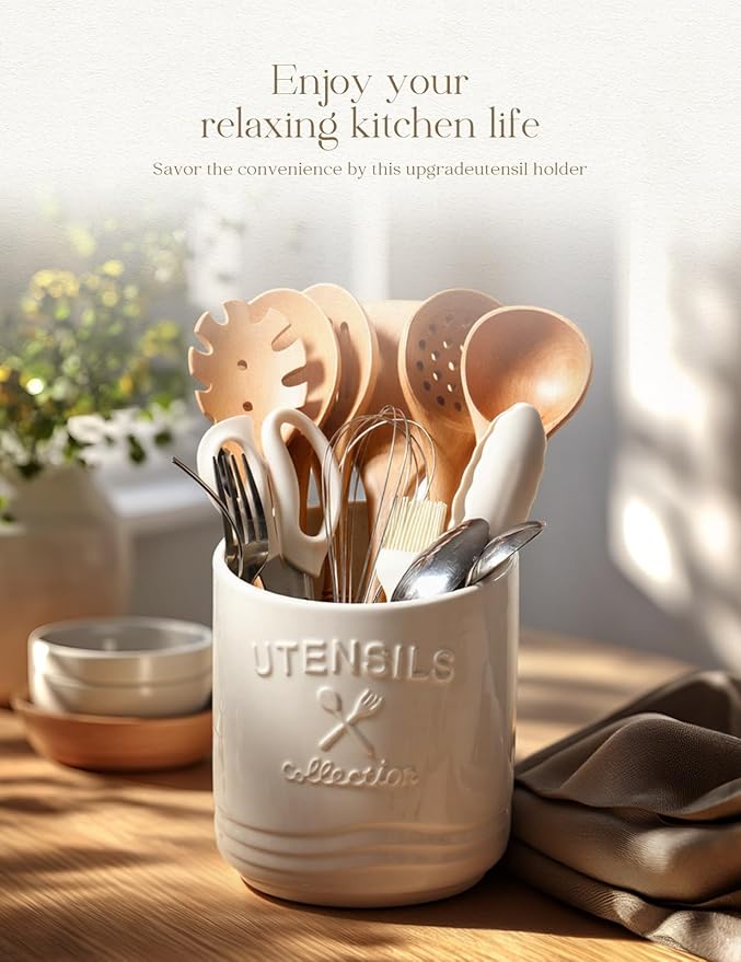 AISBUGUR Large Ceramic Utensil Holder: 7.5" H×6.3" W
