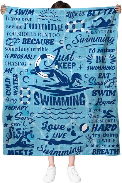 Swim Gifts for Swimmers, Swimming Blanket Gifts for Coach Gifts, Swim Team Gift, Just Keep Swimming, 50" x 60" Swimmer Blanket Christmas Birthday Gift for Men