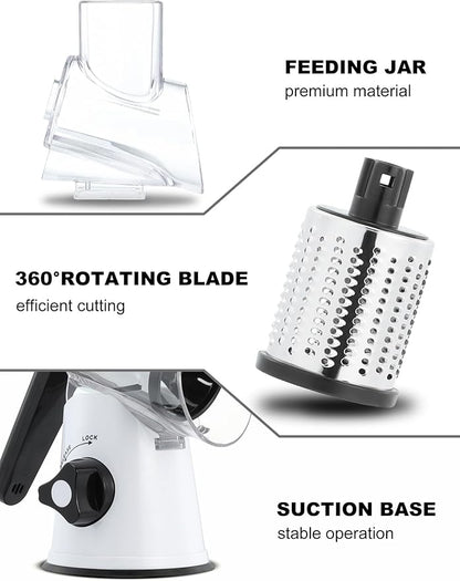 Cheese Grater Rotary, Rotary Grater for Kitchen, Kitchen Grater Vegetable Slicer with 3 Drum Blades, Fast Cutting Cheese Shredder for Vegetables and Nuts