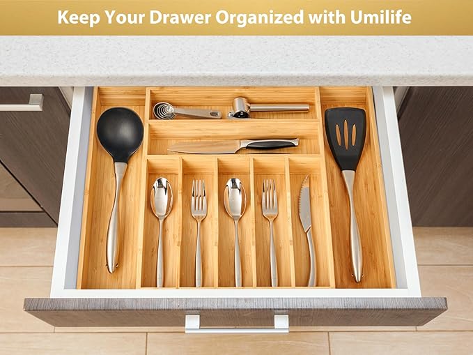 Umilife Large Expandable Kitchen Silverware Utensils Drawer Organizer, 2.5"