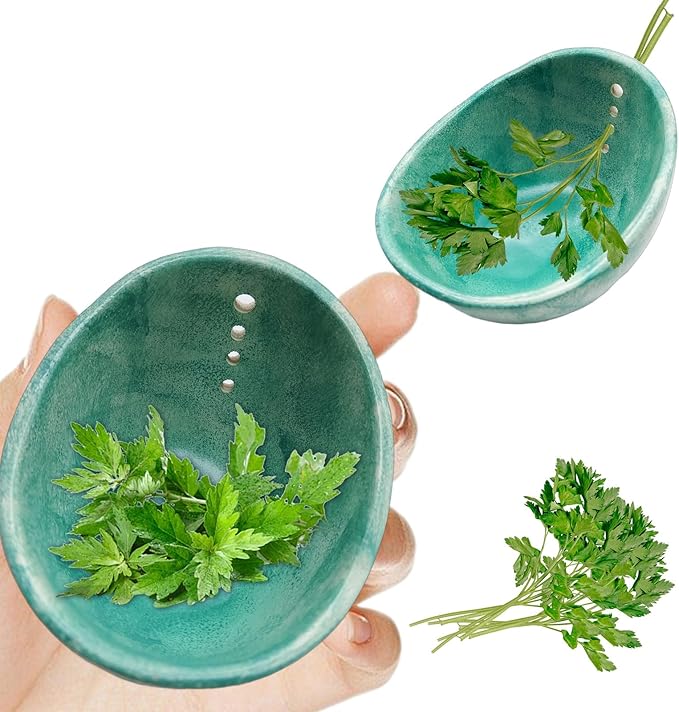 Herb Stripper, 4-Hole Design Pottery Herb Stripper,Handmade Ceramic Herb Stripper Bowl for Removing Leaves and Stems in the Kitchen (Celadon Glaze)