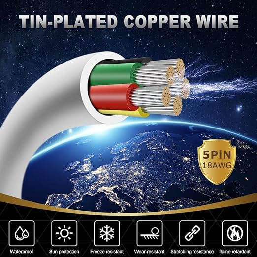 18 Gauge 5 Conductor Electrical Wire, 65.6FT White Stranded Low Voltage 18/5