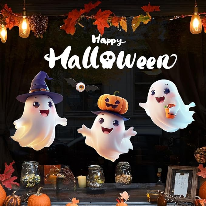 Halloween Window Clings for Glass Fall Static Cling Window Decals 1PCS Cute Ghost Pumpkin Autumn Reusable Window Stickers Home School Office Decorations