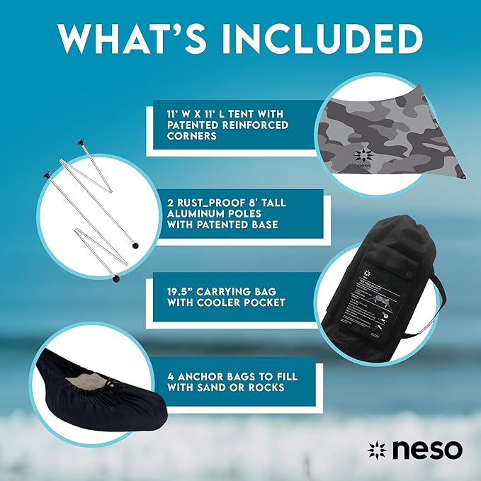 Neso Gigante - Portable Beach Tent - Ideal to Enjoy with Family and Friends - UPF 50+, Water-Resistant, and Lightweight - Grey Camo, 11' x 11'