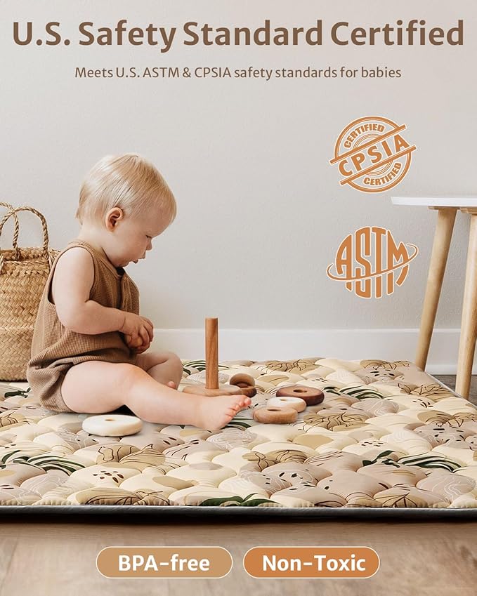 Blissful Diary Baby Play Mats for Floor, 71x59 Inch Extra Thicker & Large Soft Cushioning Foam Playmats for Babies and Toddlers, Foldable Washable Baby Crawling Mat for Playpen, Earth Tones Design