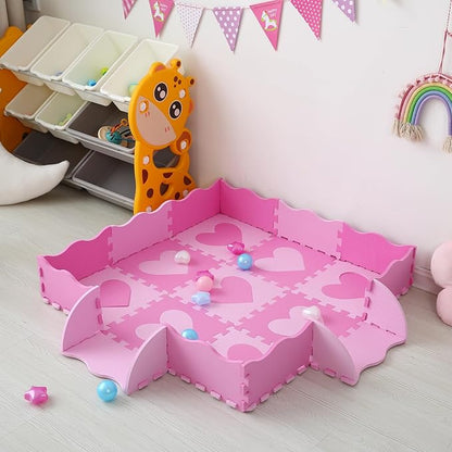 Foam Play Mat for Kids, 25pcs Square Interlocking Puzzle Floor Mat, Baby Toddler Playmat with Fence - Pink Heart
