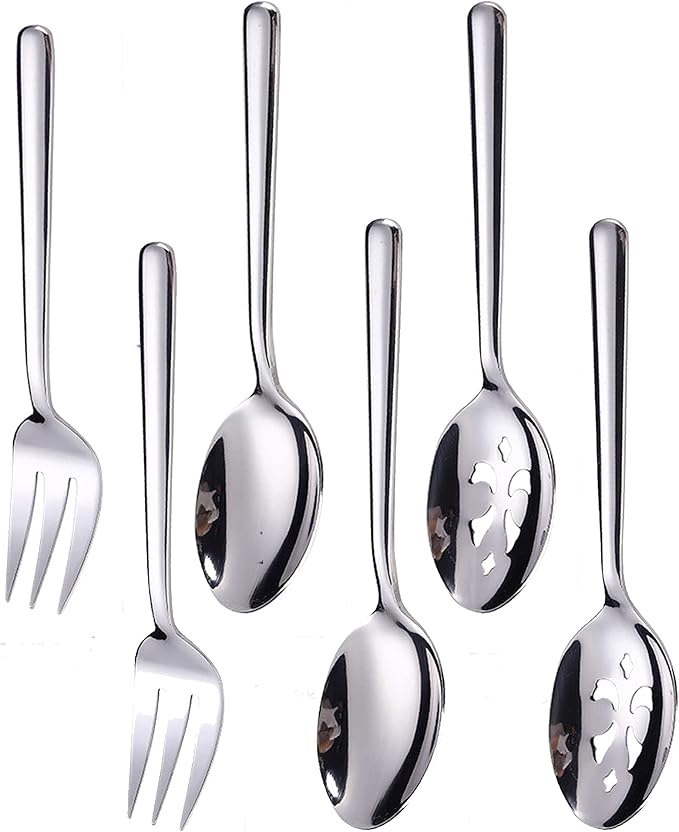 Serving Spoons*2 Slot Spoons* 2 Forks *2 Buffet Colander Stainless Steel Banquet Set, Set of 6. Lenght 9" (6-spoon forks set)