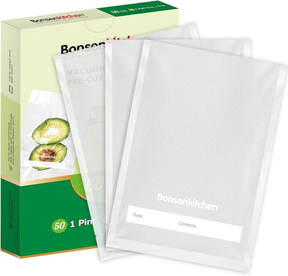Bonsenkitchen Precut Vacuum Sealer Bags, 50 Pint 6" x 9" Food Sealer Bags, Food Grade, BPA Free, Heavy Duty, Customized Size Vacuum Bags for Vac Storage, Meal Prep or Sous Vide Cooking, VB10