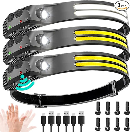 LED Headlamp Rechargeable 3PCS - 230° COB Super Bright Head Lights for Forehead, Hard hat Light for Adults, USB C Headband Flashlight for Work, Hiking, Running, Camping Essentials Gear