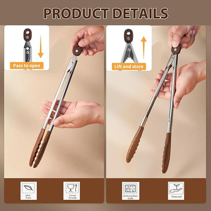Wooden Tongs for Cooking Heat Resistant 2 Pcs 9 Inch 12 Inch Wooden Salad Tongs with Wood Tip for Serving Food Walnut Wood Kitchen Utensils for Toaster Home Chefs Gift Suitable for Non-stick Cookware