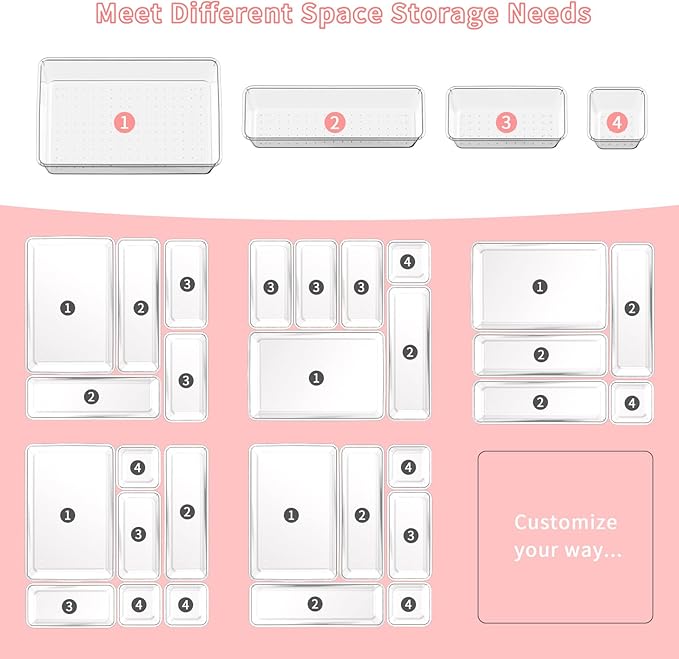 25 PCS Plastic Drawer Organizer Set, 4-size Clear Bathroom and Vanity Desk