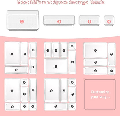 25 PCS Plastic Drawer Organizer Set, 4-size Clear Bathroom and Vanity Desk