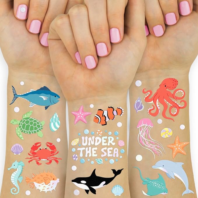 xo, Fetti Underwater Sea Creature Temporary Tattoos - 64 Styles | Ocean Animal Birthday Party Supplies, Aquarium Activity, Fish Tats, Kids Bday Decor