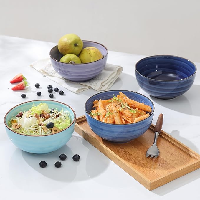 KitchenTour 24 OZ Cereal Bowls Set of 6, Ceramic Soup Bowls for Kitchen, 5.9 Inch Colorful Serving Bowls for Oatmeal, Salad, Pasta, Dessert - Microwave & Dishwasher Safe, Assorted Cool Colors