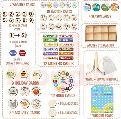 Interactive Calendar for Kids Ages 3+, Wooden Toddler Calendar, Teaching Seasons, Years, Months, Days of Week, Daily Activity Calendars for Kid Preschool & Homeschool (12 x 15 inches)