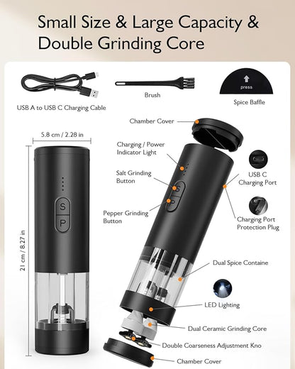 Electric Salt and Pepper Grinder Set, 2 in 1 Dual Bins USB Rechargeable