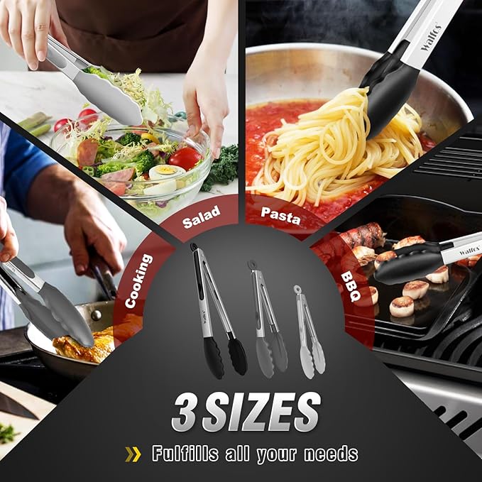 Heat Resistant Silicone Tongs Set - 600 Degrees, Kitchen Tongs for Cooking, Grilling, Turning - Stainless Steel and BPA Free Silicone Tips (7", 9" and 12 inch)