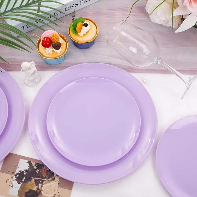 KIRE 60PCS Purple Plastic Plates Disposable - Heavy Duty Purple Plates Include 30Pcs 10.25” Dinner and 30Pcs 7.5” for Dessert/Salad - for Wedding/Bridal Shower