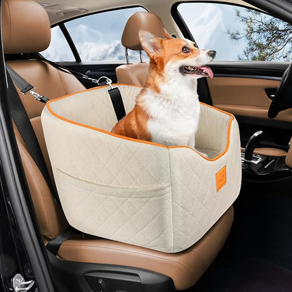 XIEEAOZEE Dog Car Seat for Small Dogs, Memory Foam Booster Dog Seat for Dogs up to 35 lbs, Elevated Pet Car Seat, Travel Safety Pet Seat with Washable Removable Cover, Storage Pockets (Beige)