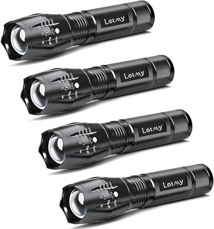 LETMY LED Tactical Flashlight S2000 [4 Pack] - High Lumens, Zoomable, 5 Modes, Waterproof Handheld LED Flashlight - Best Camping, Outdoor, Emergency, Everyday Flashlights
