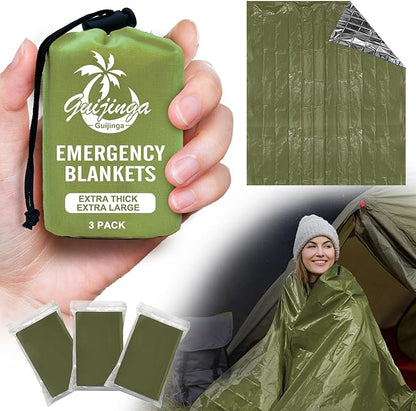 3-Pack Emergency Blanket, Extra-Thick Extra-Large Survival Blanket, Thermal Reflective Emergency Thermal Blanket for Outdoor Adventures, for Camping, Hiking, and Car Emergencies (Army Green)