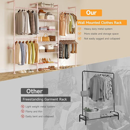ONBRILL H3 Wall Mounted Closet System, Expandable Industrial Pipe Clothes Rack