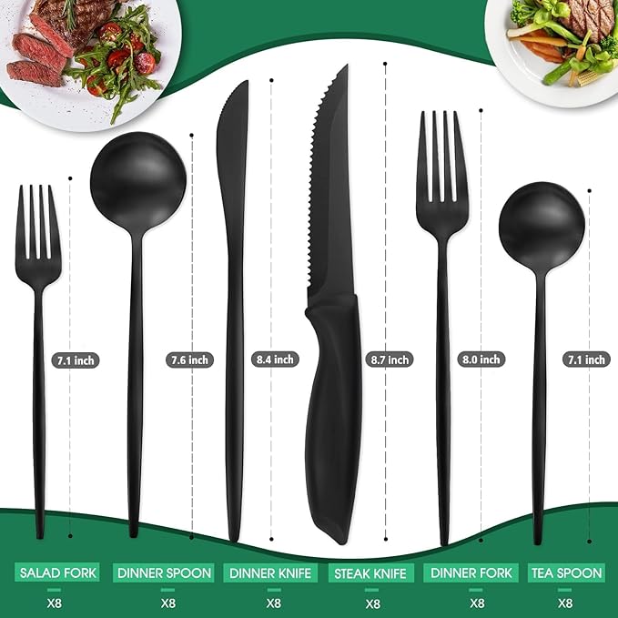 48 Pieces Matte Black Silverware Set with Steak Knives,Satin Finish tableware Cutlery Set,Black Flatware Set for Home and Restaurant,Knife Spoon And Fork Sets for ervice for 8