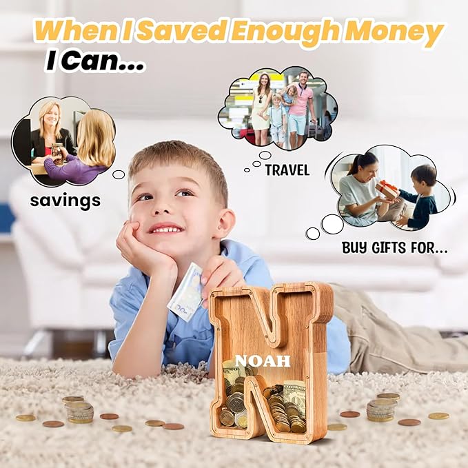 KMC Wooden Letter Piggy Bank, Personalized Initial Piggy Bank for Kids Boys, Clear Alphabet N Wood Money Box, Unbreakable Coin Saving Jar, Birthday, for Children