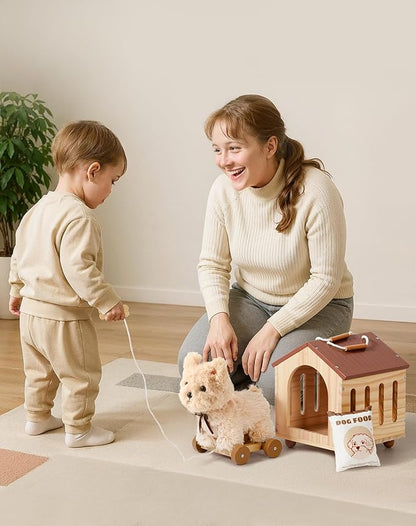 ROBOTIME Pull Dog Toy for Toddlers, Puppy Pet Care Pretend Play Set with Stuffed Animal, Dog House & Accessories, Walking Pull Along Toy, Educational Plush Gift for Boys and Girls