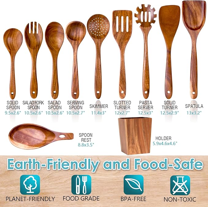 HOWHONG Wooden Spoons for Cooking, Premium Acacia Wood Kitchen Utensil Set