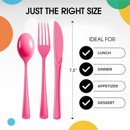 Party Solids Hot Pink Plastic Silverware Heavy Duty 150 Pieces Hot Pink Plastic Cutlery Sets, Utensil Sets, 50 Of Each Forks, Knives & Spoons Disposable Cutlery Set, Flatware Set For Party Supplies