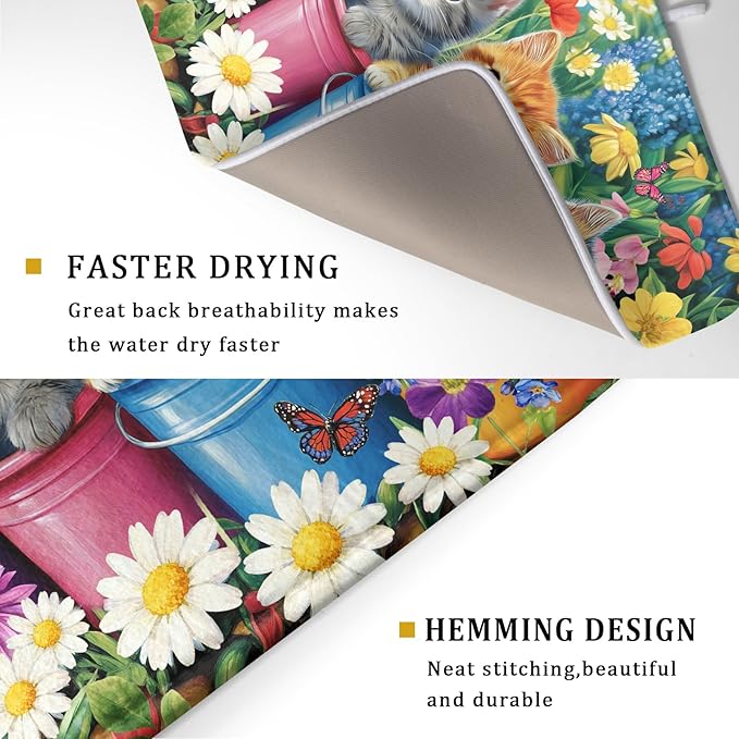 Lovely Cat Drying Mat for Kitchen Counter Colorful Flower Absorbent Coffee Bar